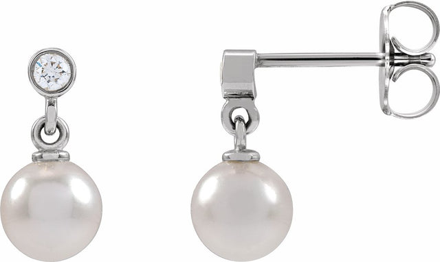 14K White Gold Cultured White Akoya Pearl & .06 CTW Natural Diamond Earrings