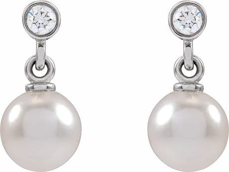 14K White Cultured White Akoya Pearl & .06 CTW Natural Diamond Earrings