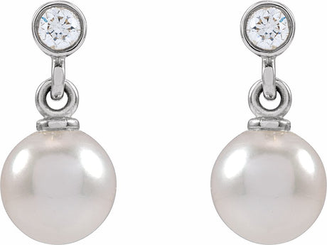 14K White Gold Cultured White Akoya Pearl & .06 CTW Natural Diamond Earrings