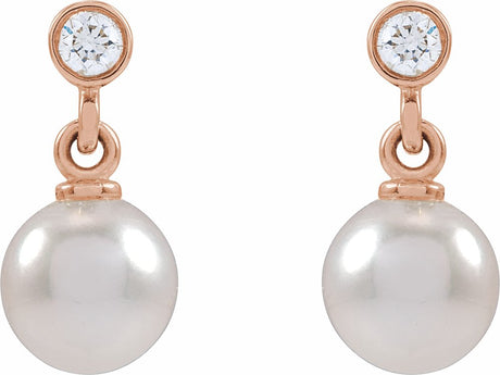 14K Rose Cultured White Akoya Pearl & .06 CTW Natural Diamond Earrings