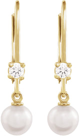 14K Yellow Cultured White Akoya Pearl & 1/8 CTW Natural Diamond Earrings