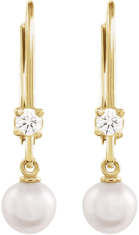 14K Yellow Gold Cultured White Akoya Pearl & 1/8 CTW Natural Diamond Earrings