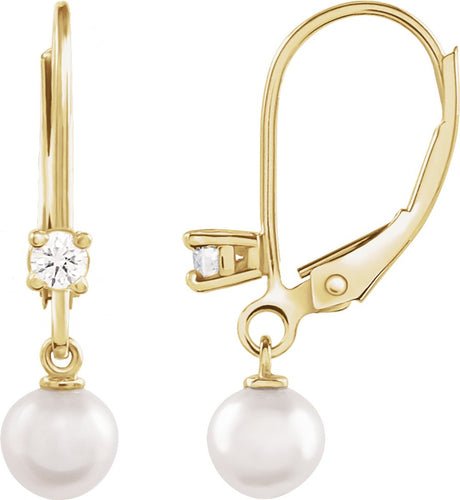 14K Yellow Gold Cultured White Akoya Pearl & 1/8 CTW Natural Diamond Earrings