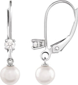 14K White Cultured White Akoya Pearl & 1/8 CTW Natural Diamond Earrings