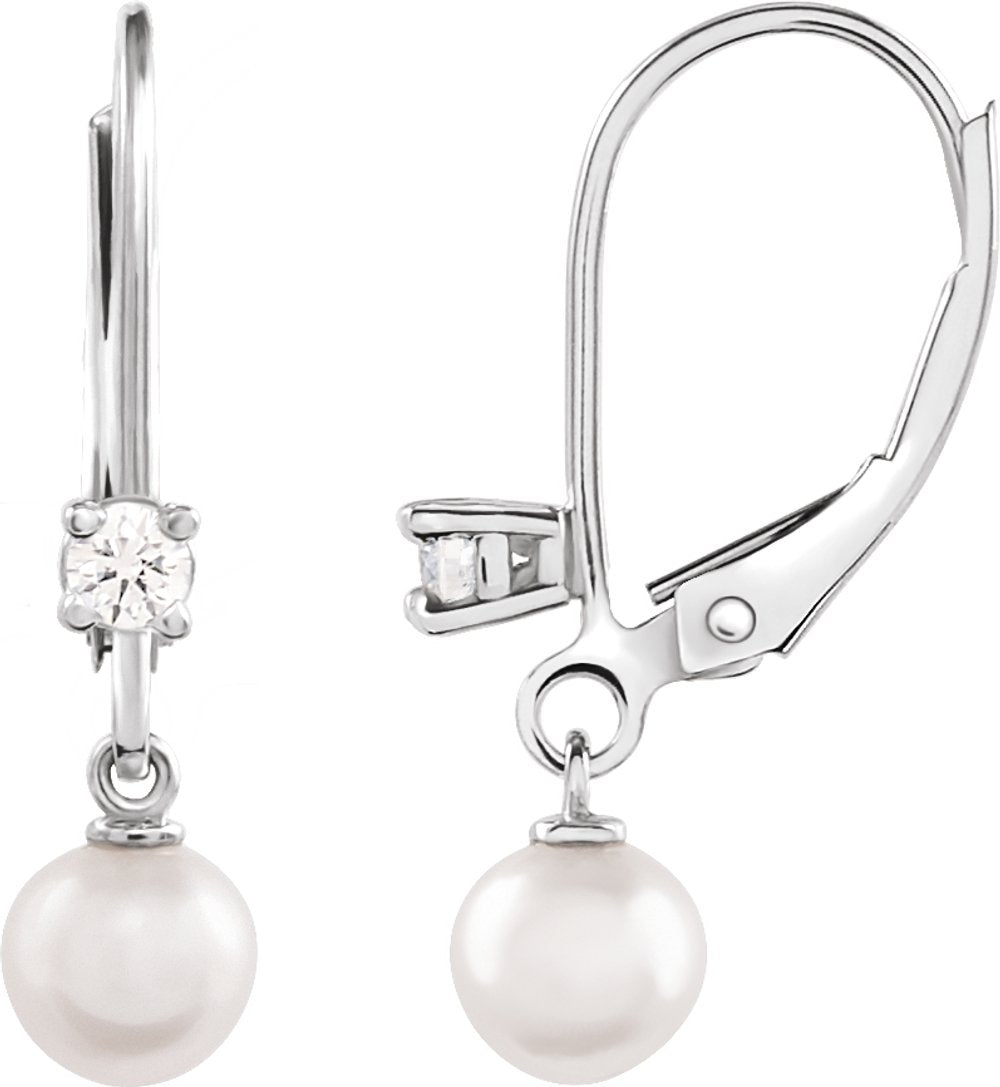 14K White Gold Cultured White Akoya Pearl & 1/8 CTW Natural Diamond Earrings