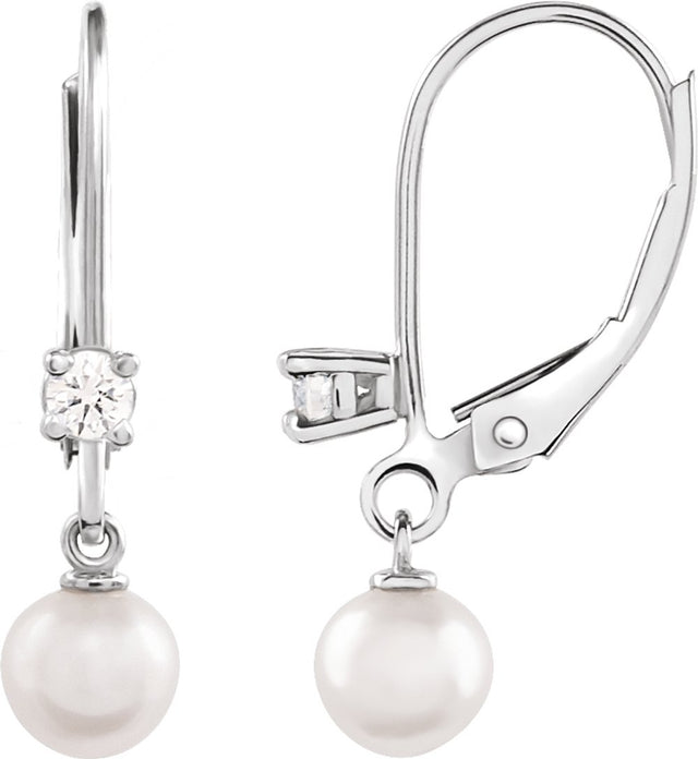 14K White Gold Cultured White Akoya Pearl & 1/8 CTW Natural Diamond Earrings