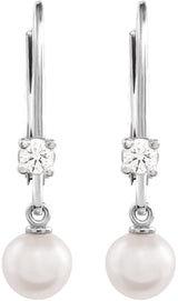 14K White Cultured White Akoya Pearl & 1/8 CTW Natural Diamond Earrings