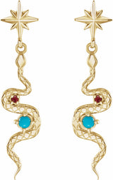 14K Yellow Natural Turquoise & Natural Ruby Snake Earrings