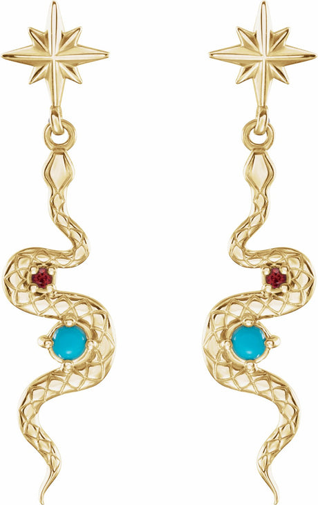 14K Yellow Natural Turquoise & Natural Ruby Snake Earrings