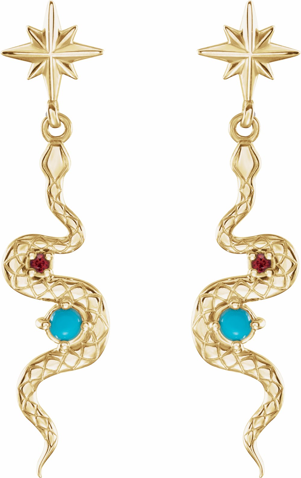 14K Yellow Natural Turquoise & Natural Ruby Snake Earrings