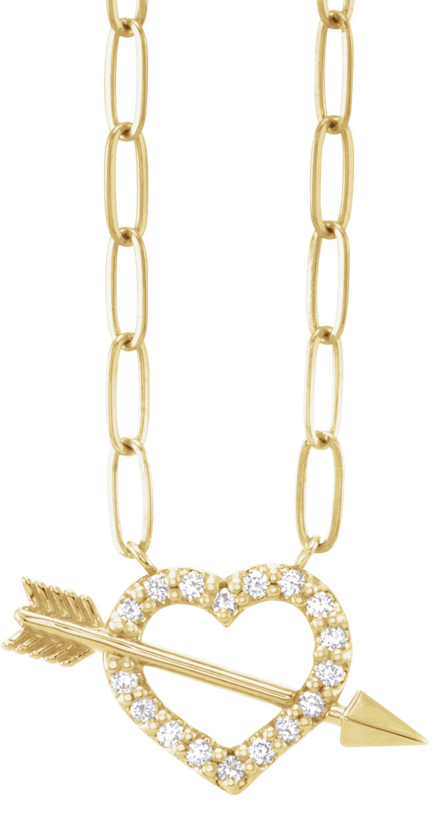 14K Yellow Gold 1/8 CTW Natural Diamond Heart & Arrow 16" Necklace 