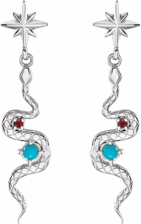 Sterling Silver Natural Turquoise & Natural Ruby Snake Earrings