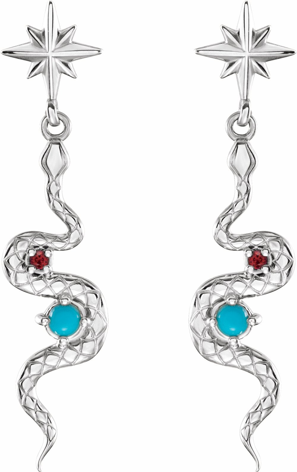 Sterling Silver Natural Turquoise & Natural Ruby Snake Earrings