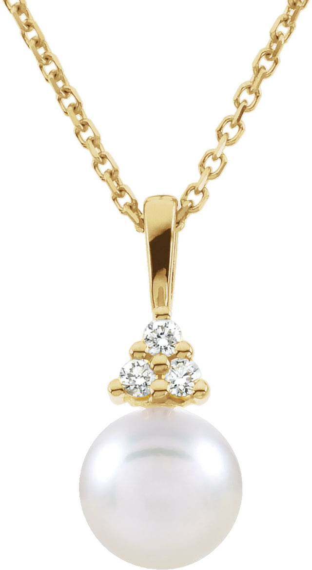 14K Yellow Gold Cultured White Akoya Pearl & .05 CTW Natural Diamond Necklace