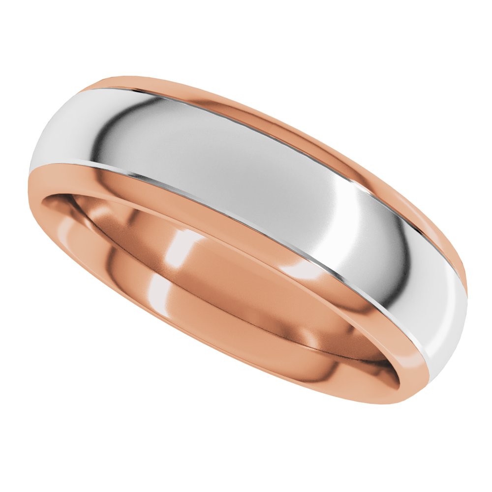 14K Rose/White 6 mm Stepped Beveled-Edge Inlay Comfort-Fit Half Round Band Size 9.5
