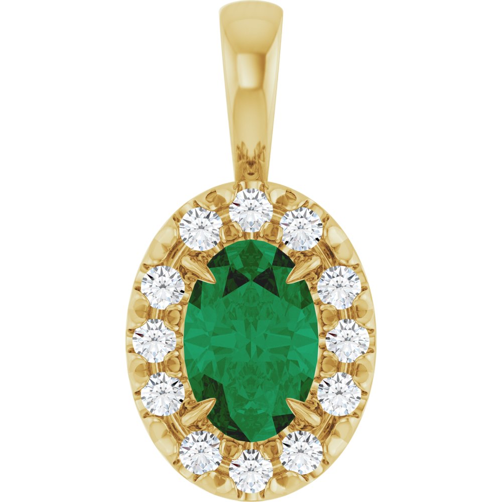 14K Yellow Gold 6x4 mm Natural Emerald & 1/10 CTW Natural Diamond Halo-Style Pendant