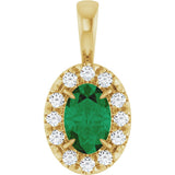 14K Yellow Gold 6x4 mm Natural Emerald & 1/10 CTW Natural Diamond Halo-Style Pendant