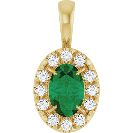 14K Yellow Gold 6x4 mm Natural Emerald & 1/10 CTW Natural Diamond Halo-Style Pendant