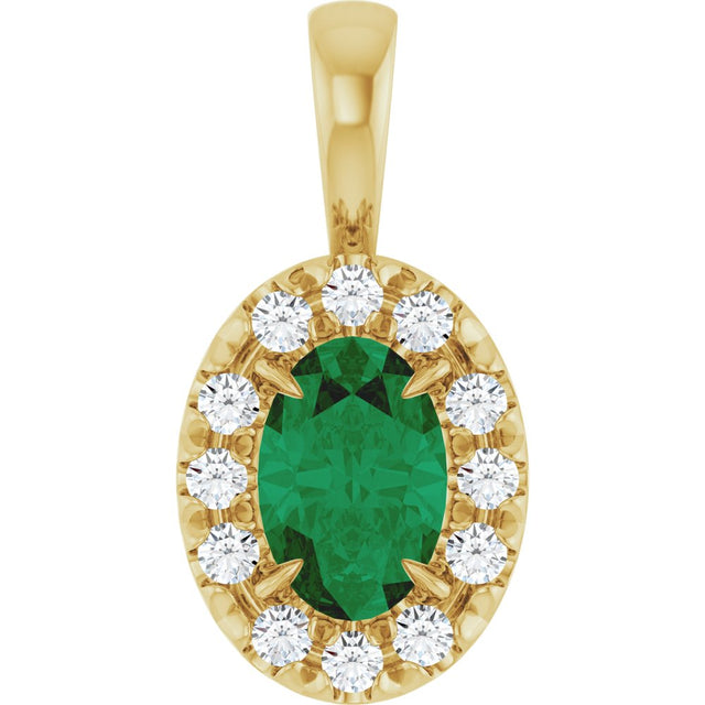 14K Yellow Gold 6x4 mm Natural Emerald & 1/10 CTW Natural Diamond Halo-Style Pendant