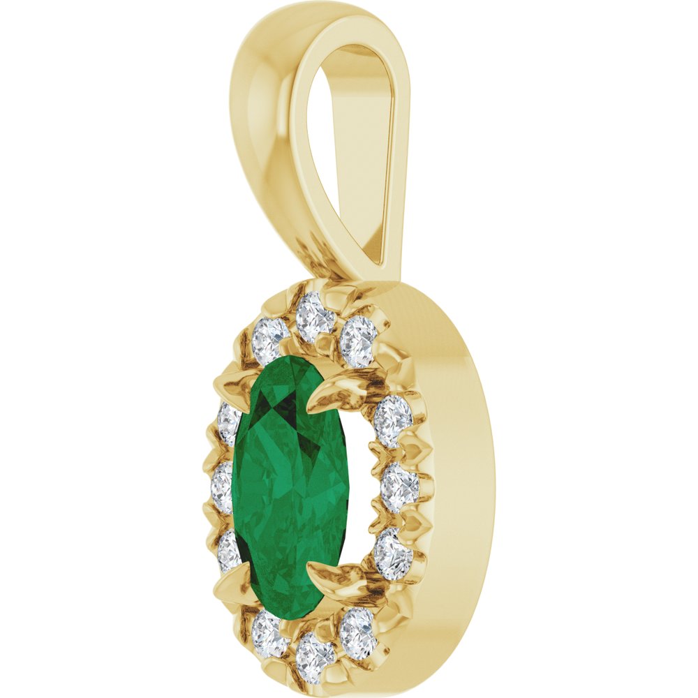 14K Yellow Gold 5x3 mm Lab-Grown Emerald & .05 CTW Natural Diamond Halo-Style Pendant
