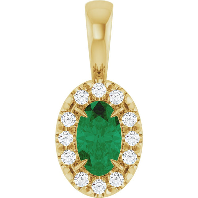 14K Yellow Gold 5x3 mm Lab-Grown Emerald & .05 CTW Natural Diamond Halo-Style Pendant