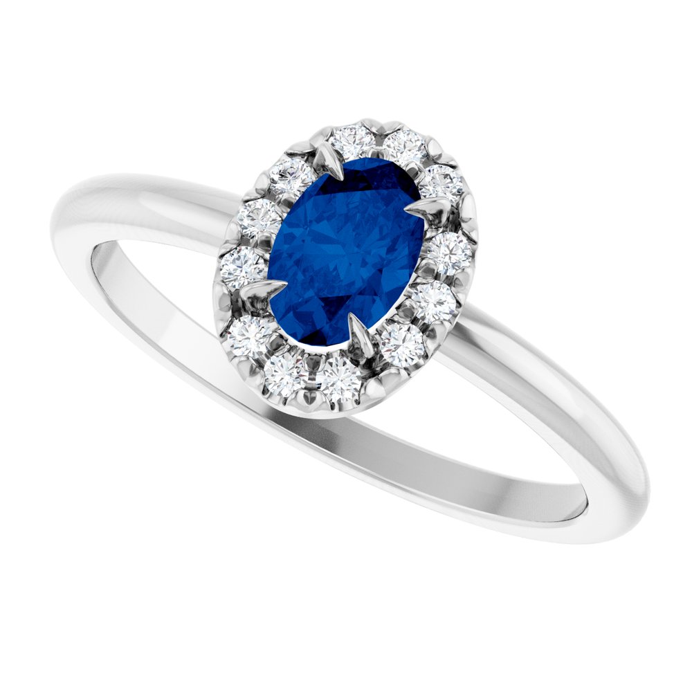 14K White Gold Natural Blue Sapphire & 1/10 CTW Natural Diamond French-Set Halo-Style Ring