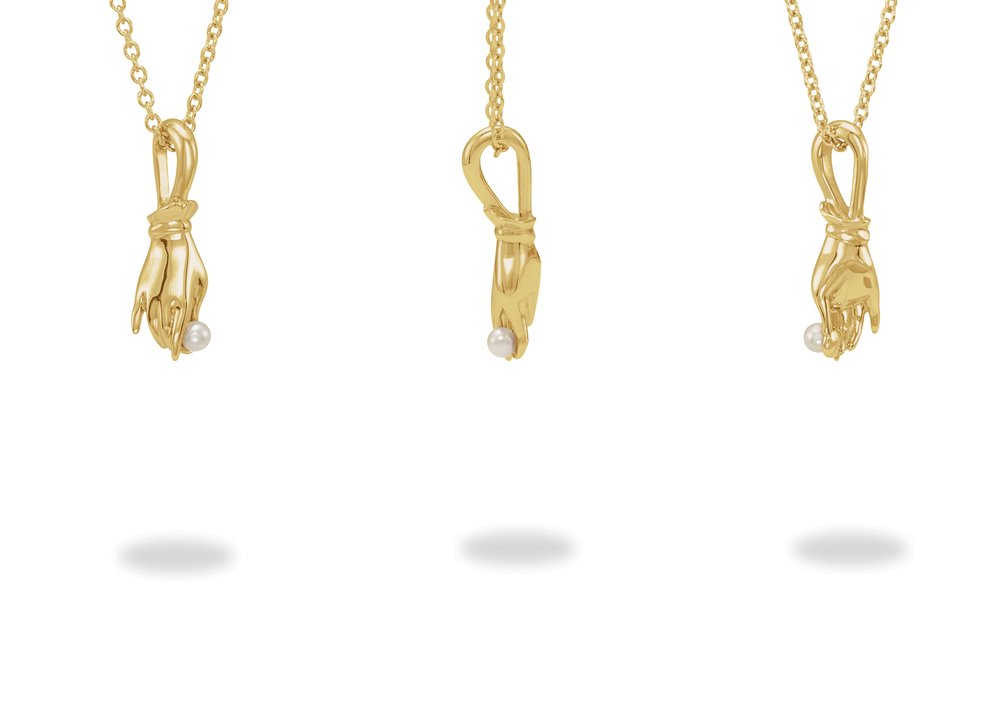 14K Yellow Gold Cultured White Seed Pearl Buddha Hand 16-18" Necklace