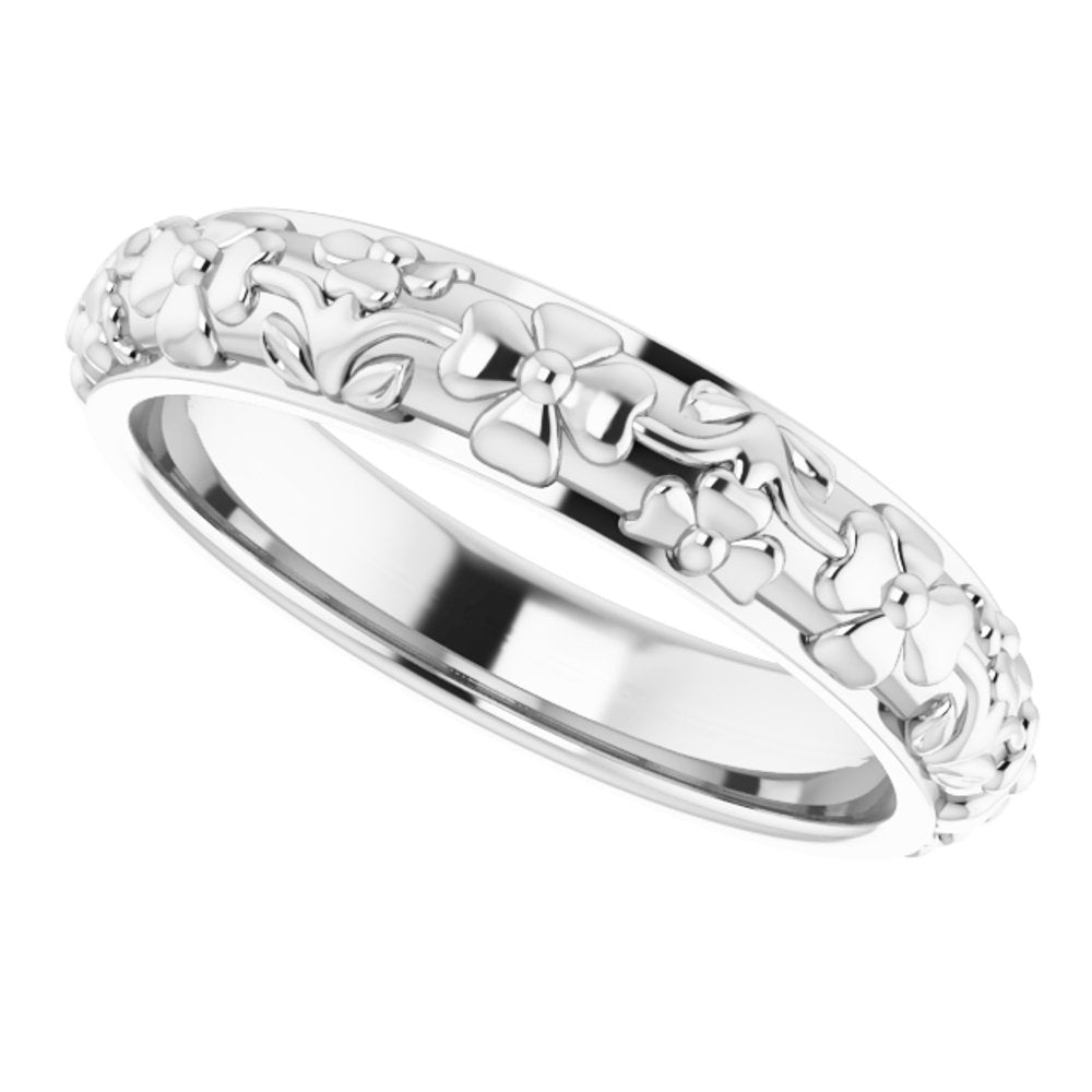 14K White Gold 3.6 mm Floral Half Round Band Size 4.5