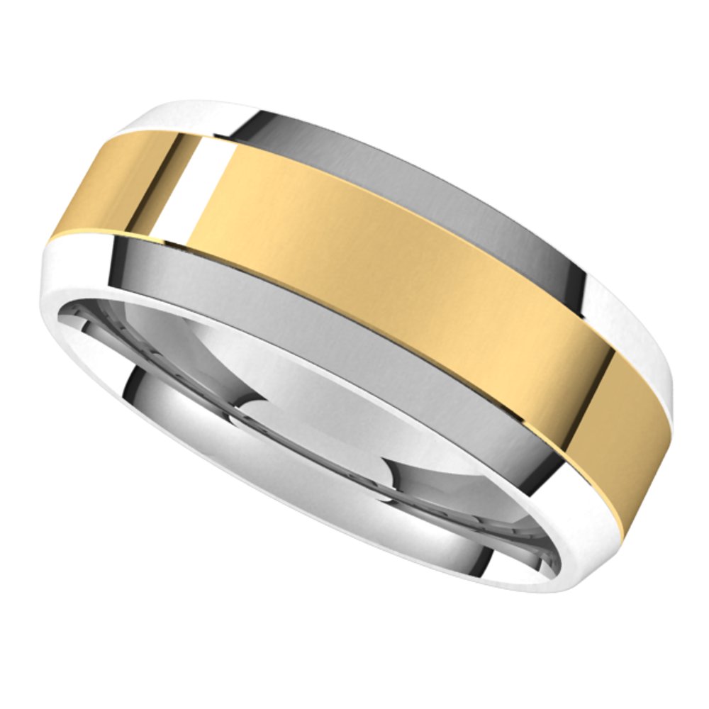 14K White/Yellow 7 mm Stepped Beveled-Edge Inlay Comfort-Fit Flat Band
