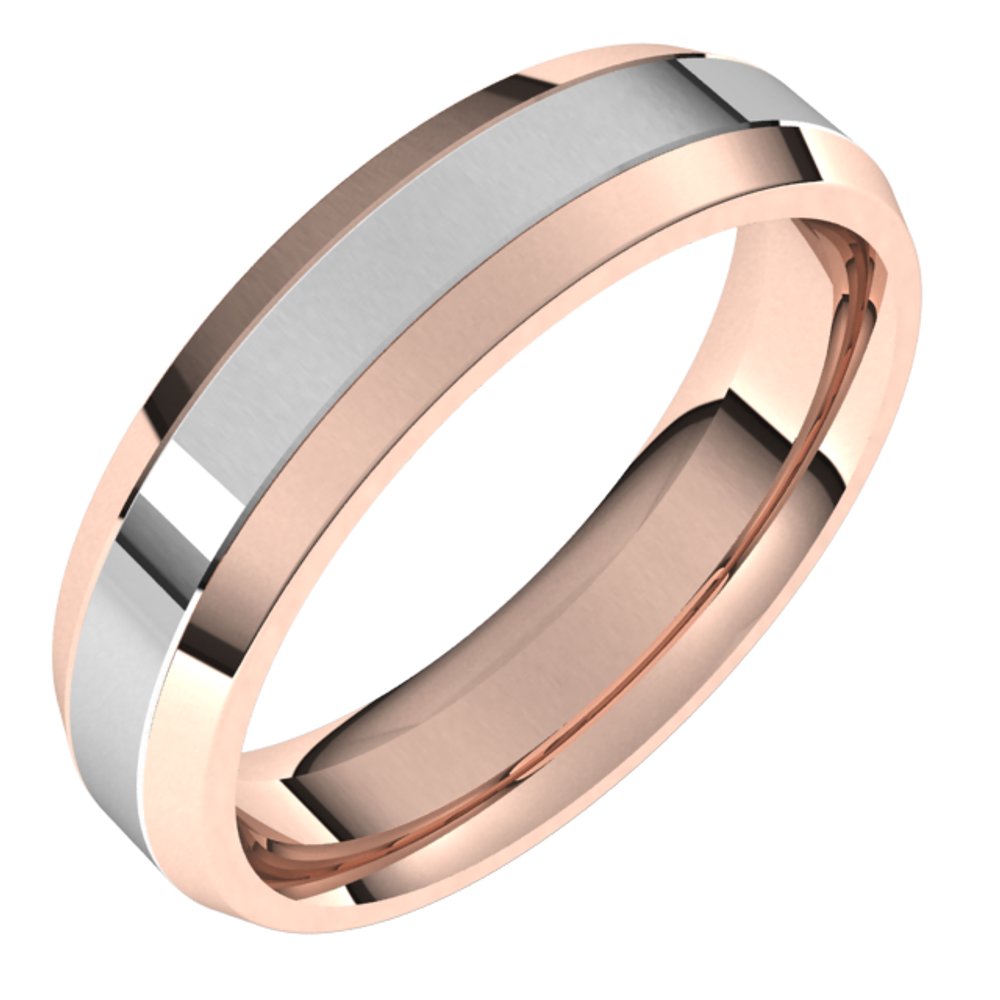 14K Rose/White 5 mm Stepped Beveled-Edge Inlay Comfort-Fit Flat Band Size 8