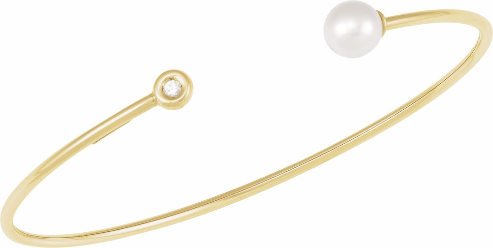 14K Yellow Cultured White Freshwater Pearl & .03 CT Natural Diamond Cuff 7" Bracelet