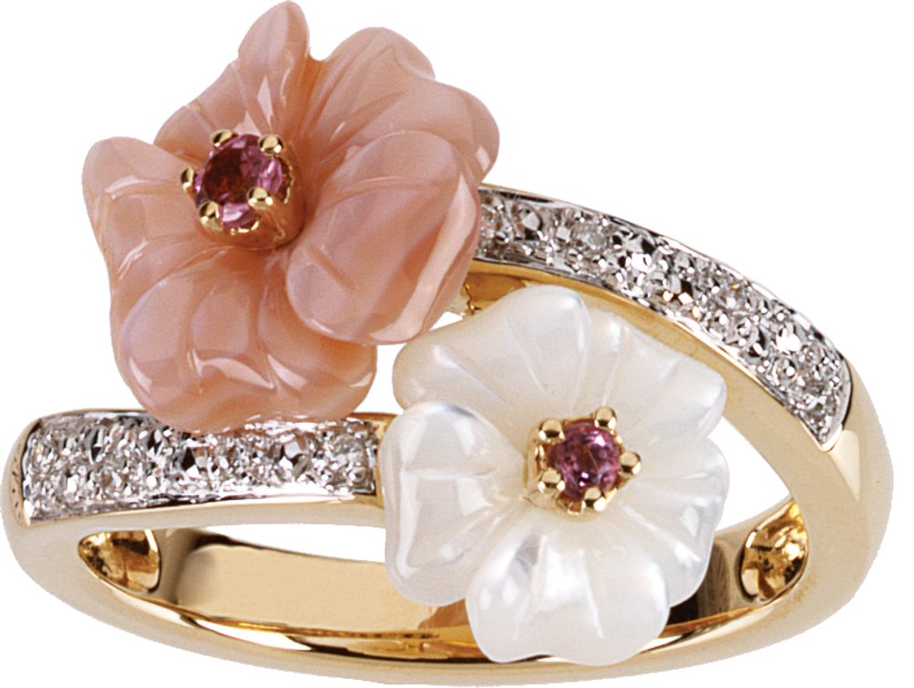 14K Yellow Natural Pink Tourmaline, Natural Mother of Pearl & .04 CTW Natural Diamond RIng