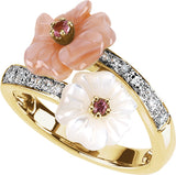 14K Yellow Natural Pink Tourmaline, Natural Mother of Pearl & .04 CTW Natural Diamond RIng