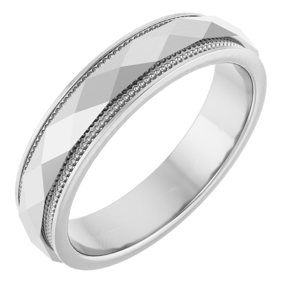 14K White 4 mm Milgrain Stepped-Edge Geometric Faceted Band Size 7