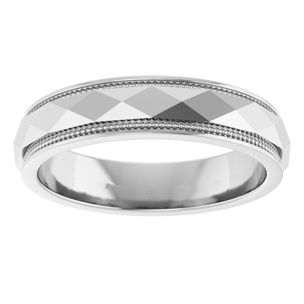 14K White 4 mm Milgrain Stepped-Edge Geometric Faceted Band