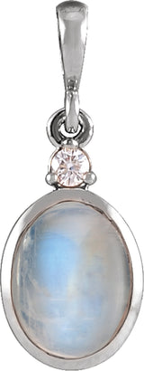 14K White Gold 5x3 mm Natural Rainbow Moonstone & .02 CT Natural Diamond Cabochon Pendant
