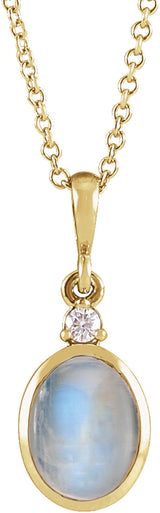 14K Yellow Gold 6x4 mm Natural Rainbow Moonstone & .015 CT Natural Diamond 16-18" Necklace