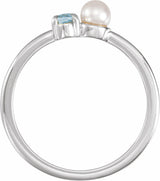 Platinum Natural Aquamarine & Cultured White Akoya Pearl Ring