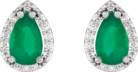 14K White Lab-Grown Emerald & 1/10 CTW Natural Diamond Halo-Style Earrings