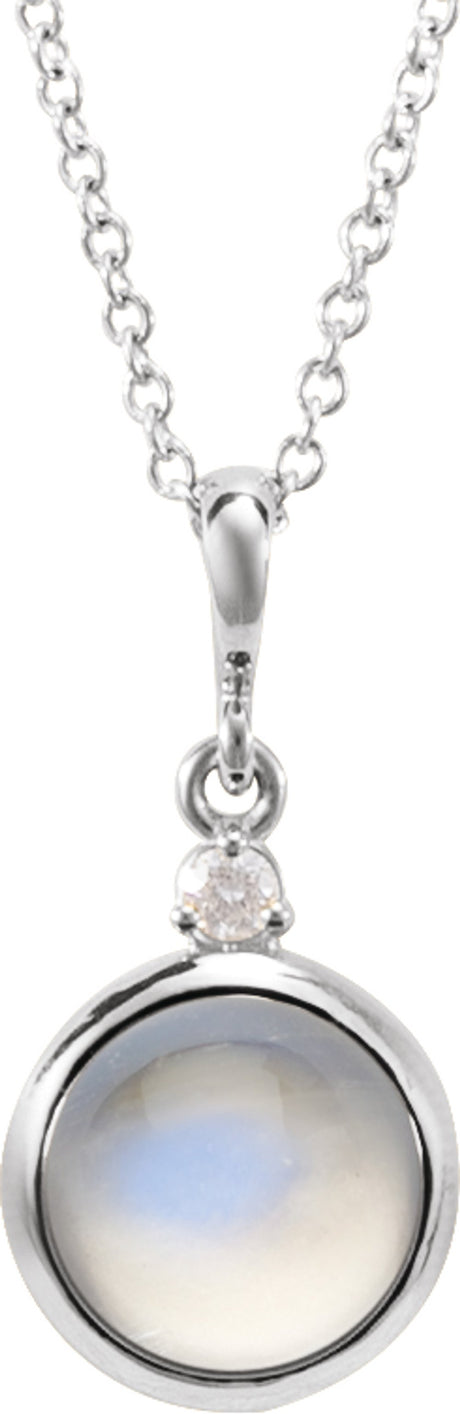 14K White Gold 8 mm Natural Rainbow Moonstone & .03 CT Natural Diamond Cabochon 16-18" Necklace 