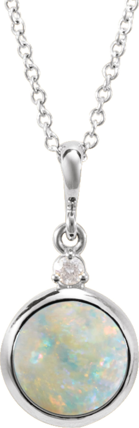 14K White Gold 6 mm Natural White Opal & .03 CT Natural Diamond Cabochon 16-18" Necklace 