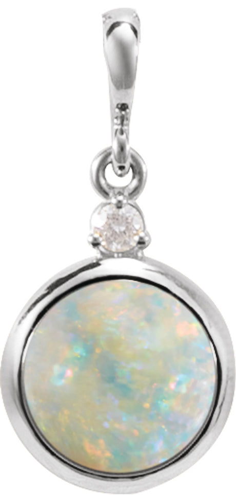 14K White 8 mm Natural White Opal & .03 CT Natural Diamond Pendant