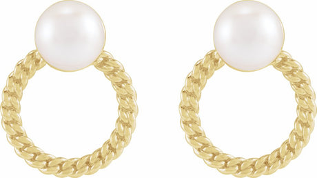 14K Yellow Cultured White Akoya Pearl & Curb Chain Earrings