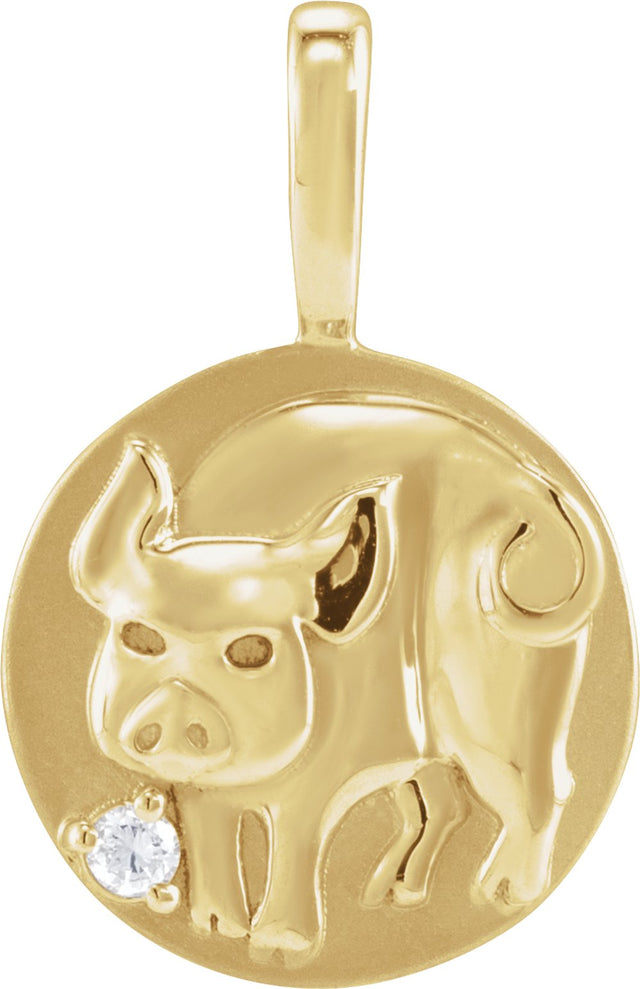 14K Yellow Gold .015 CT Natural Diamond Chinese Zodiac Pig Pendant