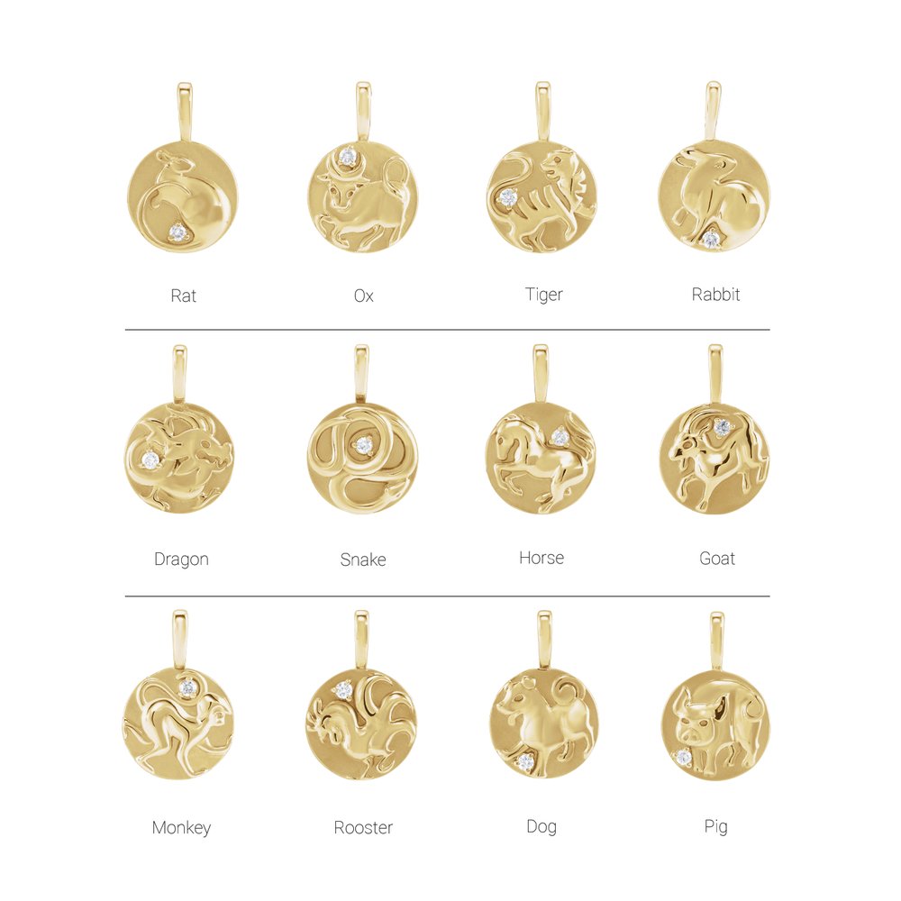 14K Yellow Gold .015 CT Natural Diamond Chinese Zodiac Dragon Pendant