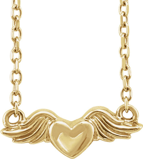14K Yellow Gold Heart with Angel Wings 18" Necklace
