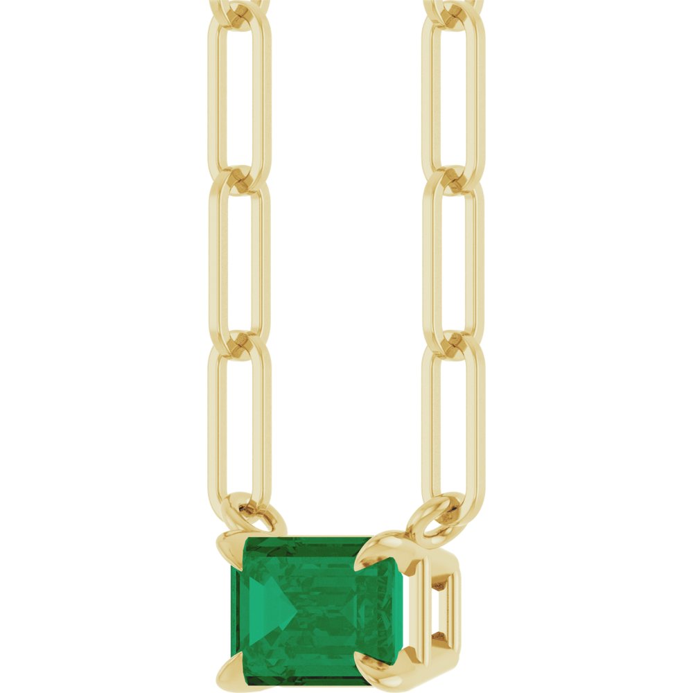 14K Yellow Gold 6x4 mm Lab-Grown Emerald Solitaire 18" Necklace 