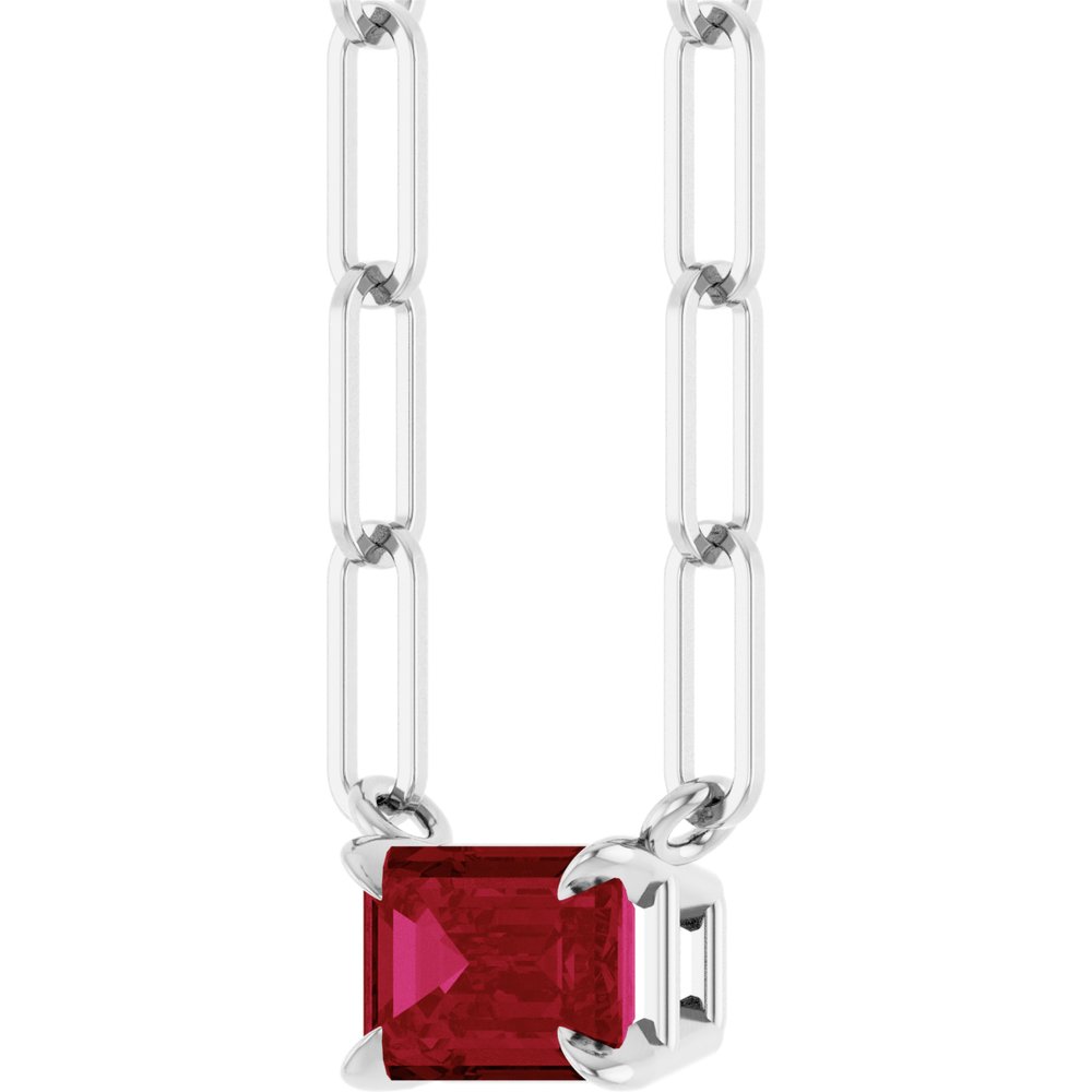 14K White 6x4 mm Lab-Grown Ruby Solitaire 18" Necklace