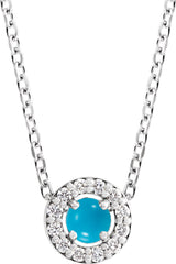 14K White Cabochon Natural Turquoise & .06 CTW Natural Diamond Halo-Style 16-18" Necklace