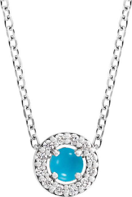14K White Cabochon Natural Turquoise & .06 CTW Natural Diamond Halo-Style 16-18" Necklace